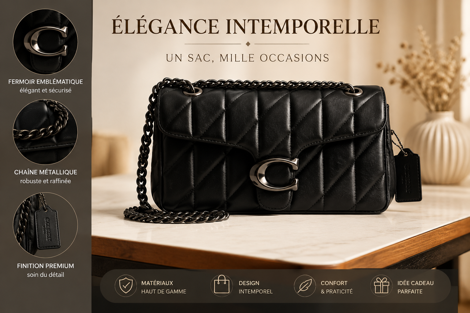Sac Bandoulière à Chaîne Motif Diamant - Petit Sac Carré Haut de Gamme