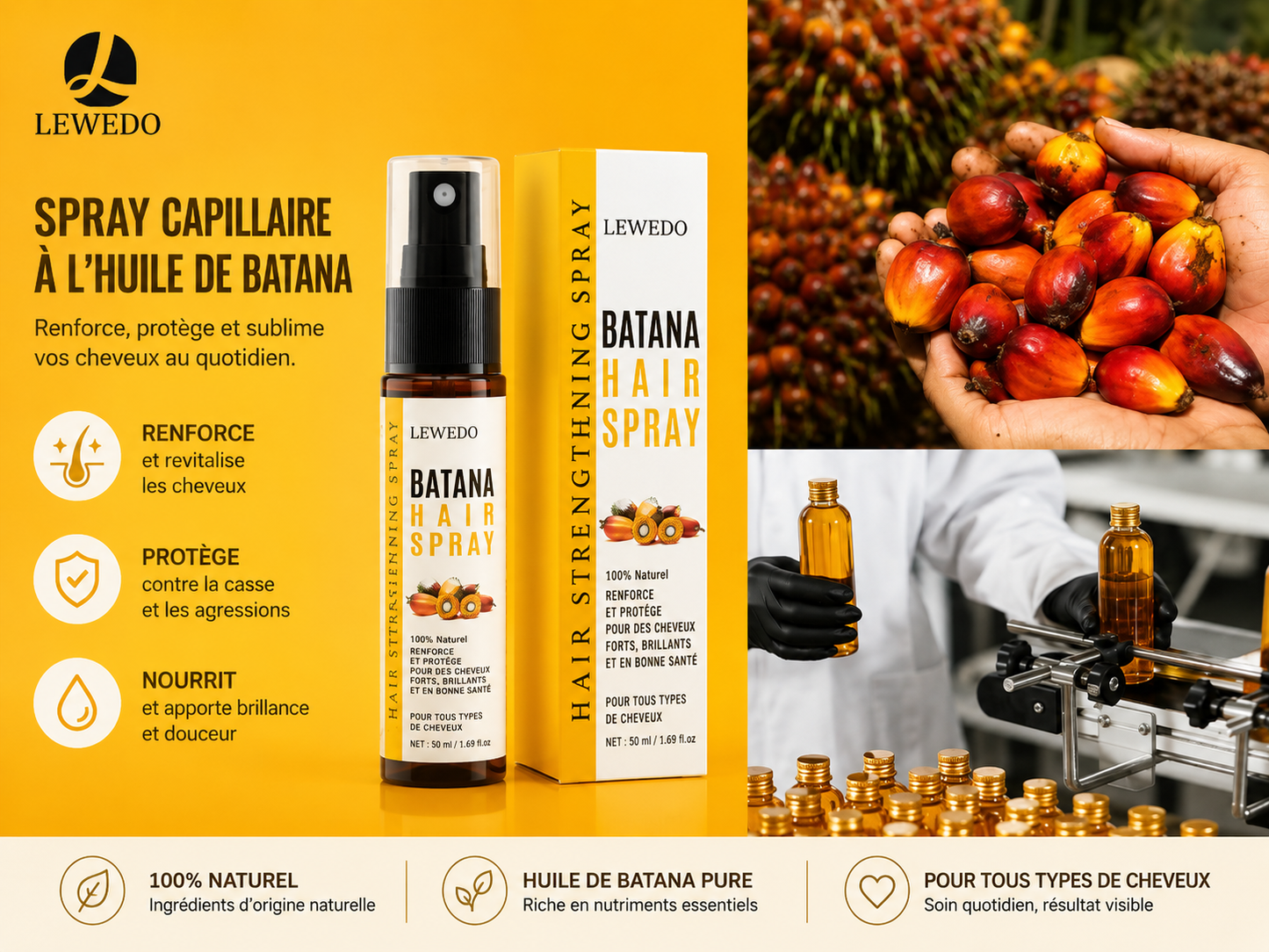 Huile de soin capillaire Batana Pure 100%, huile pour la croissance des cheveux