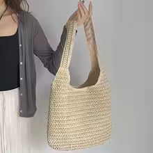 Sac Cabas Tressé en Rotin - Grand Sac de Plage Femme Été