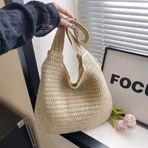 Sac Cabas Tressé en Rotin - Grand Sac de Plage Femme Été