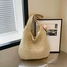 Sac Cabas Tressé en Rotin - Grand Sac de Plage Femme Été