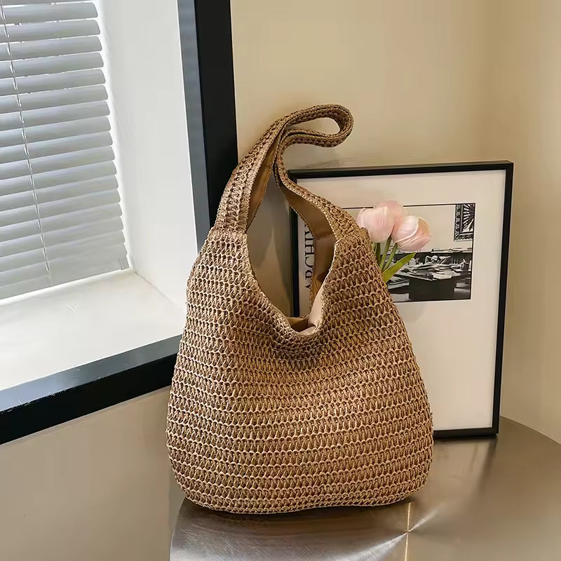 Sac Cabas Tressé en Rotin - Grand Sac de Plage Femme Été