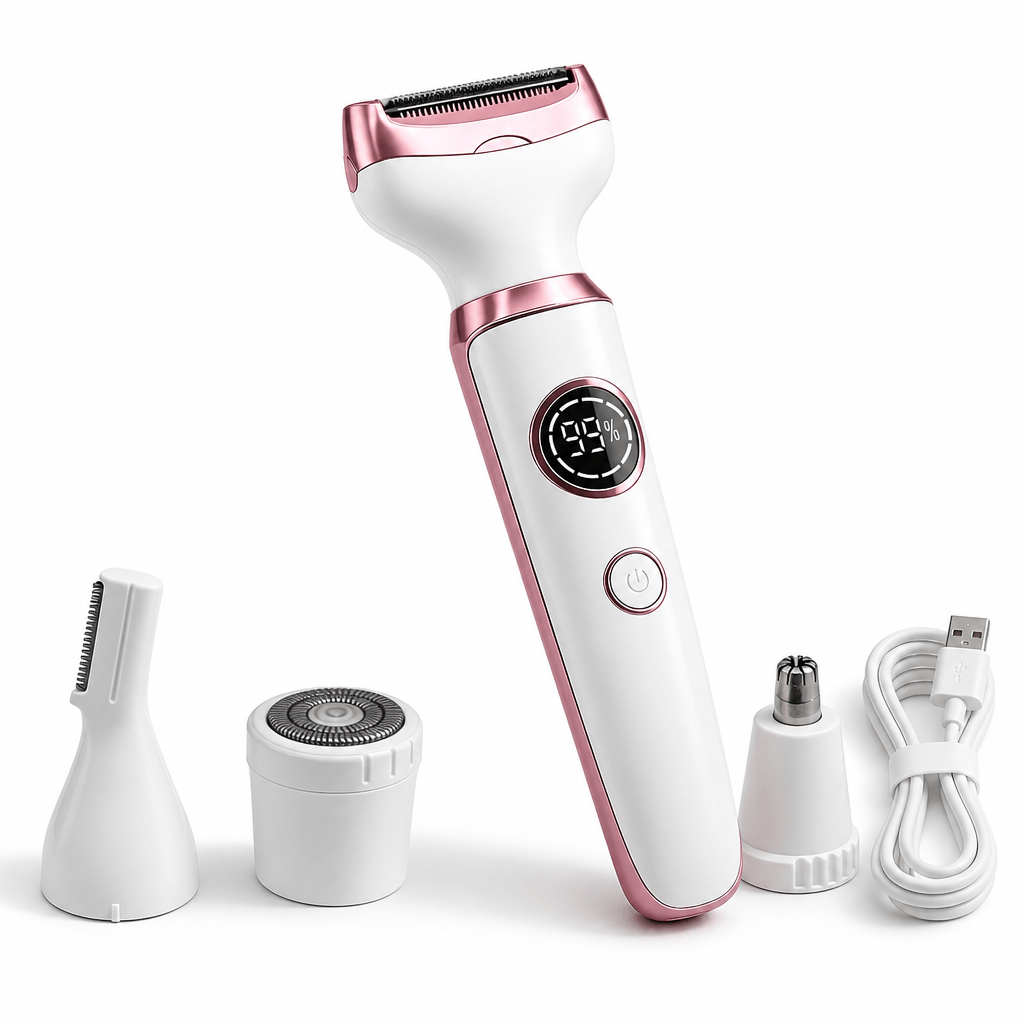épilateur visage 4-en-1 avec accessoires interchangeables et câble USB