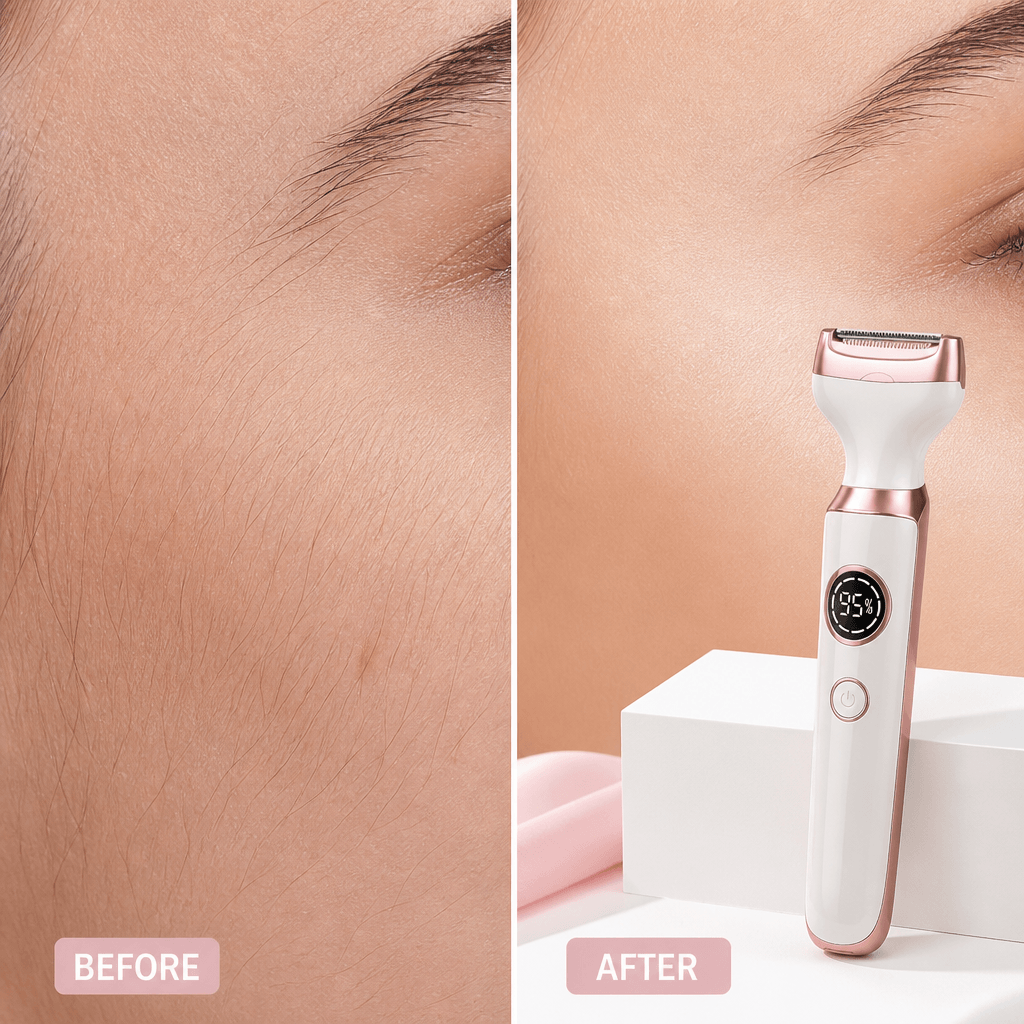 Avant et après utilisation de l'épilation avec l'épilateur visage 4-en-1, montrant des résultats lisses et soyeux.
