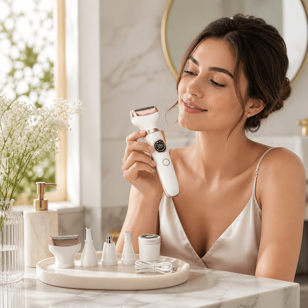 Femme utilisant l'épilateur visage 4-en-1 avec des têtes interchangeables sur une coiffeuse élégante.