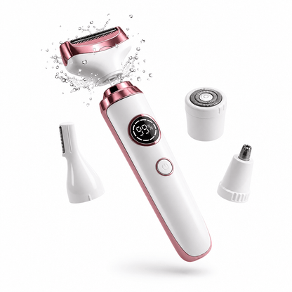 épilateur visage 4-en-1 avec quatre têtes interchangeables et effet d'eau.