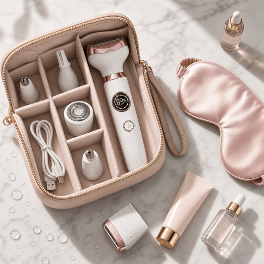 Épilateur visage 4-en-1 dans un étui avec accessoires variés pour une épilation facile et précise.